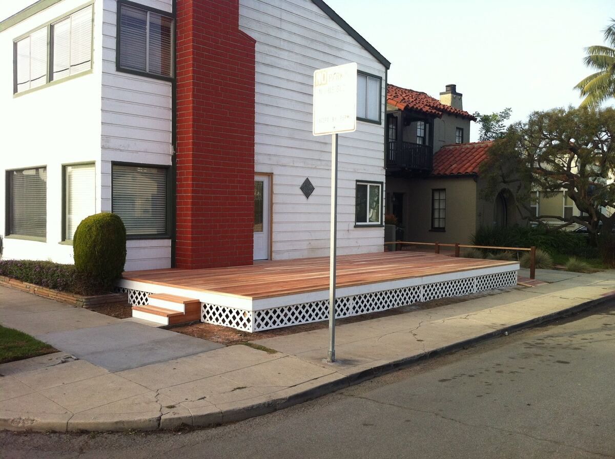 Finished ramp from the street, skirted and painted to match the building