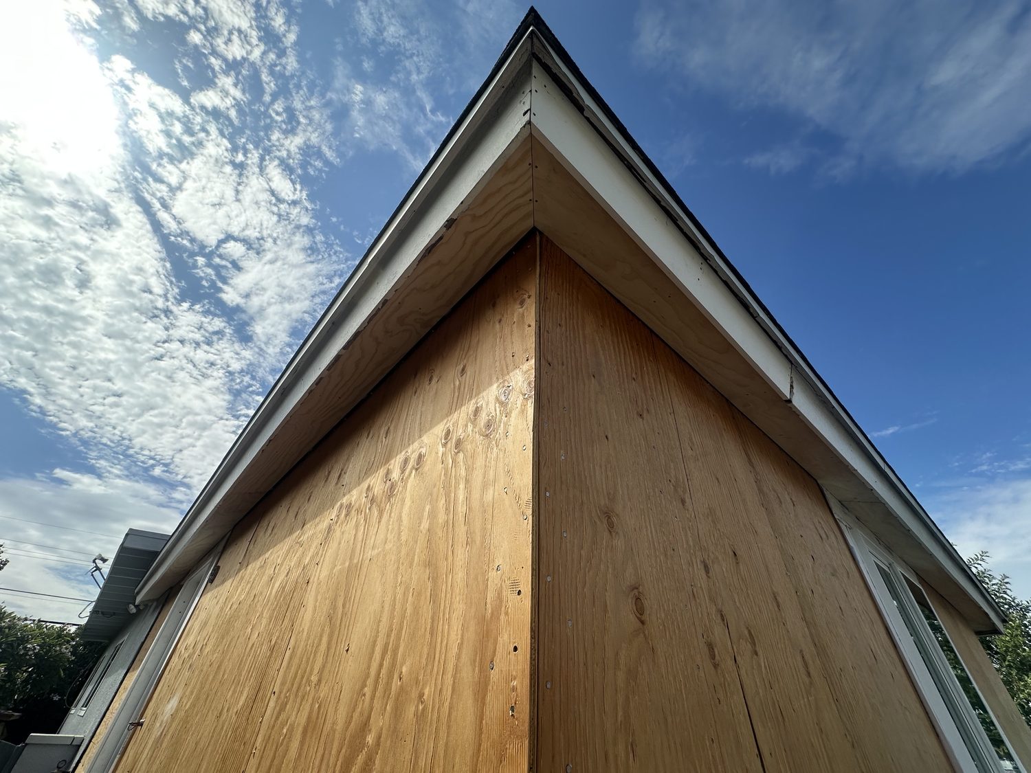 Plywood sheathing on the outside walls, up to the eaves