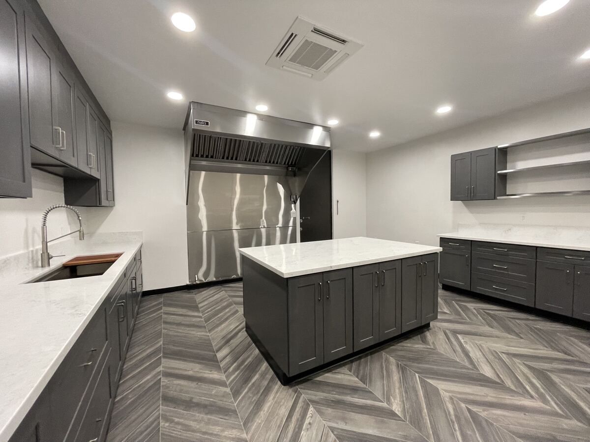 Central quartz island in the finished church kitchen
